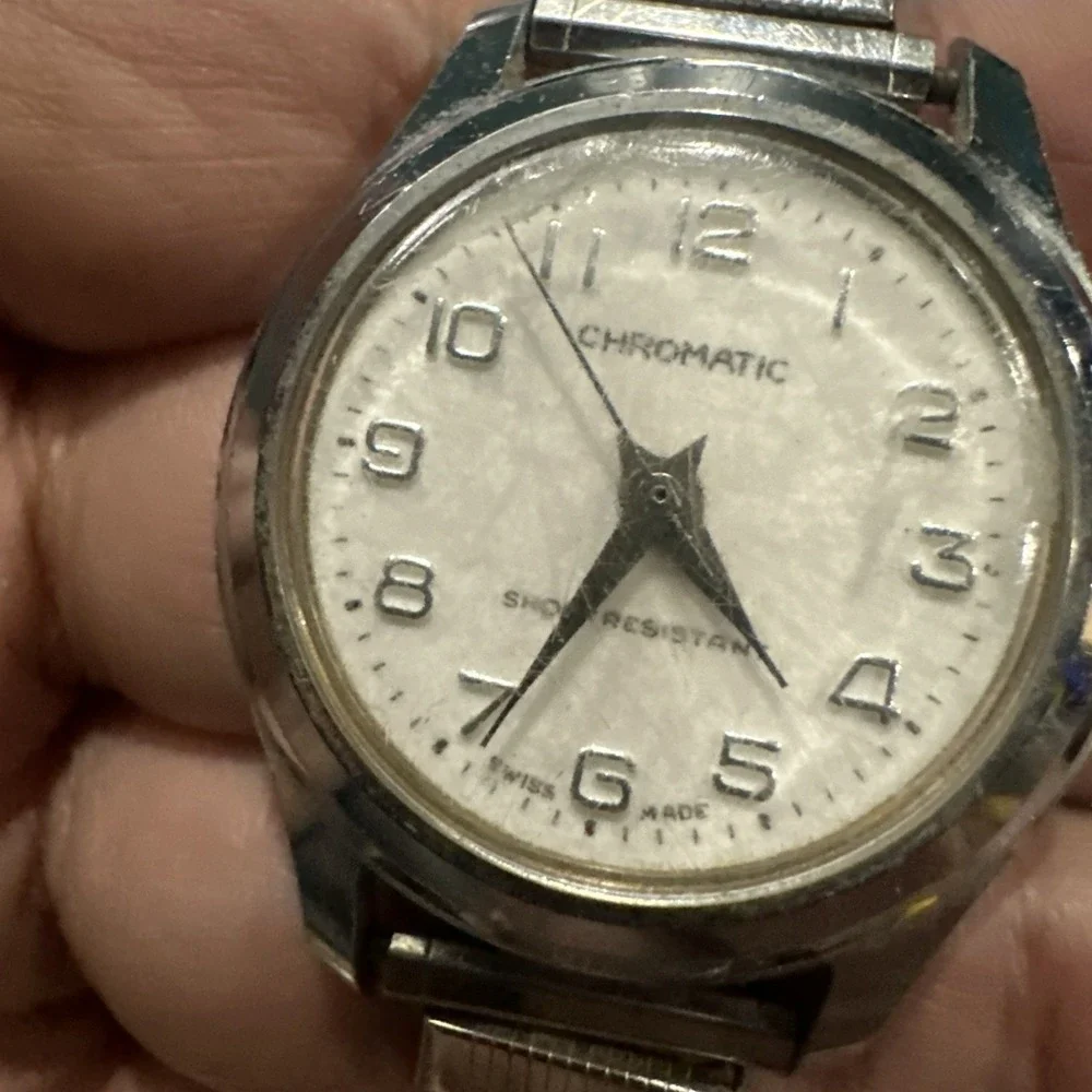 Vintage CHOROMATIC SWISS WATCH 1960s Silver Tone Mens Watch 33mm- Broken Crown